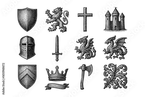 Medieval heraldry and symbols: detailed vintage engravings of knights, dragons, and castles