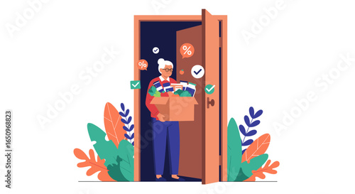 Elderly woman receives groceries delivery with discounts and happy check marks at her door
