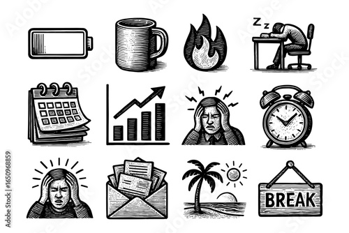 Hand-drawn exhaustion and relaxation symbols collection for stress relief concept art