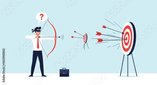 Blindfolded businessman aiming at target with arrows missing the mark, concept of failure