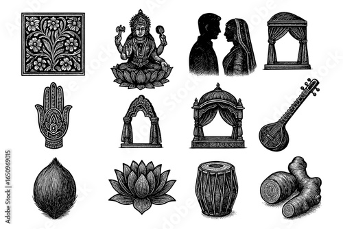 Intricate indian culture icons featuring traditional instruments and architectural elements