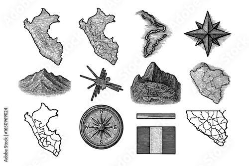 Detailed hand-drawn map and icons of peru with mountains and compass