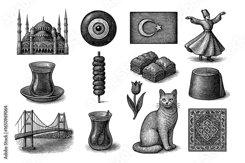 Intricate turkish symbols collection featuring cultural iconography in engraved style