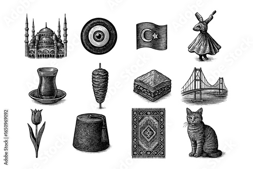 Vintage turkish symbols: architecture, cuisine, and culture in intricate details