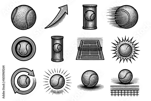 Vintage tennis elements collection with hand drawn style