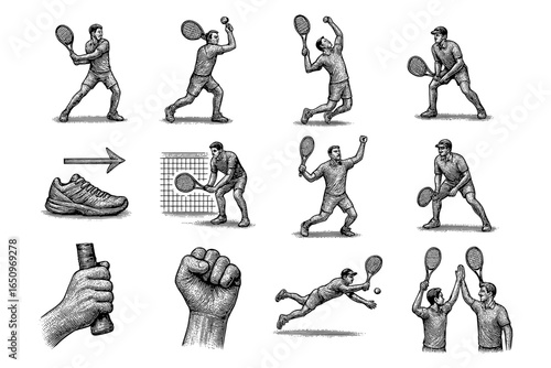 Detailed vintage style sketches of pickleball players in action