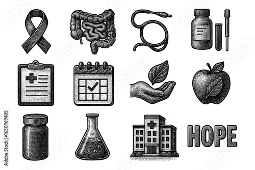 Engraved medical icons: ribbon, digestive system, and hopeful symbols for health awareness