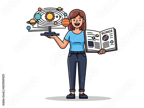 Curious Scientist Explores the Cosmos: A cheerful female scientist holds a model of the solar system in one hand and a science book in the other, fostering a sense of curiosity and knowledge.