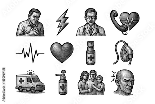 Vintage medical icon set featuring heart, doctor, emergency, and family health symbols