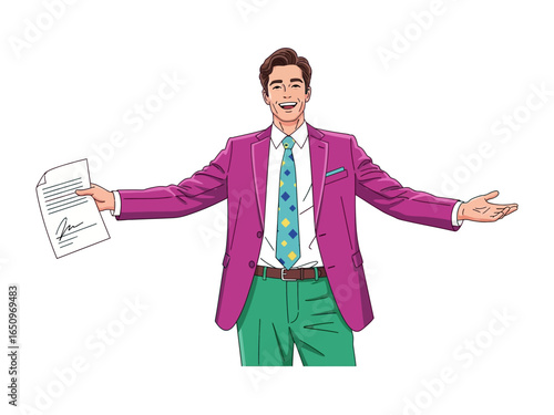 Successful Businessman: A dapper and triumphant businessman stands in a colorful suit, exuding confidence as he brandishes a signed document with an open and inviting gesture.