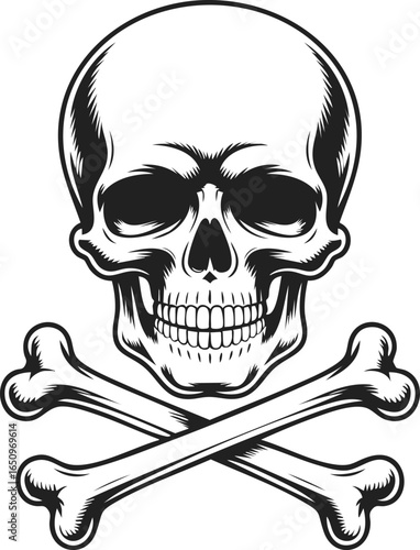 Skull and crossbones, vintage engraved style illustration of a human skull with crossed bones, emblematic design for various uses