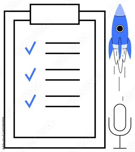 Blue rocket launching beside task checklist with completed items and microphone. Ideal for productivity, innovation, creative planning, goal setting, progress, leadership ideas, startup strategy