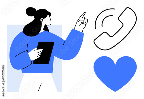 Woman holding tablet pointing toward phone and heart symbols, symbolizing communication, connection, support, personalization, engagement, customer service. Ideal for contact page, customer care