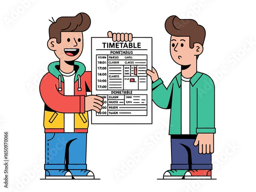 Timetable Duo: Two young individuals collaborate, focusing on a meticulously detailed timetable, symbolizing their collaborative organization and planning for an event.
