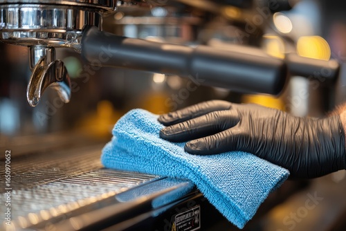 Close-up of a hand in black gloves cleaning a coffee machine with a blue cloth