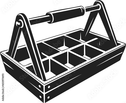 Tool organizer, storage box, equipment holder, vintage black and white illustration of a utility caddy with compartments