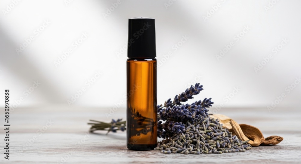 Fototapeta premium Amber Essential Oil Bottle with Lavender and Dried Herbs on Light Wooden Surface