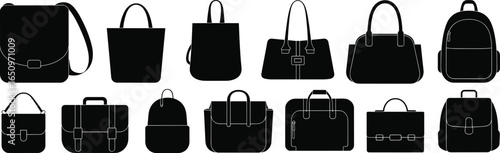 Black silhouette vector icons of handbags, purses, backpacks, totes, and briefcases, perfect for fashion, office, or travel design projects