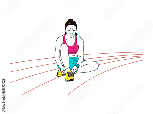Readying for the Race: A female athlete focuses, tying her shoelace and preparing for the track competition, embodying determination and athleticism