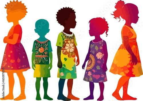 Illustrative depiction of five children standing side by side in colorful patterned dresses and silhouettes
