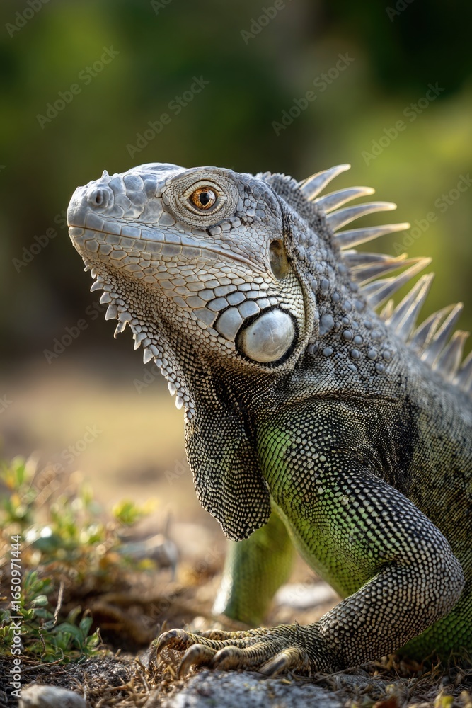 A close-up of an iguana gazing into the camera, its intense eyes full of detail and expression A close-up of an iguana gazing into the camera, its intense eyes full of detail and expression