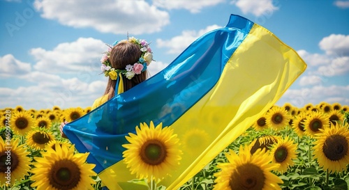 Ukrainian Woman Holding National Flag in Vibrant Sunflower Field Symbolizing Hope and Resilience