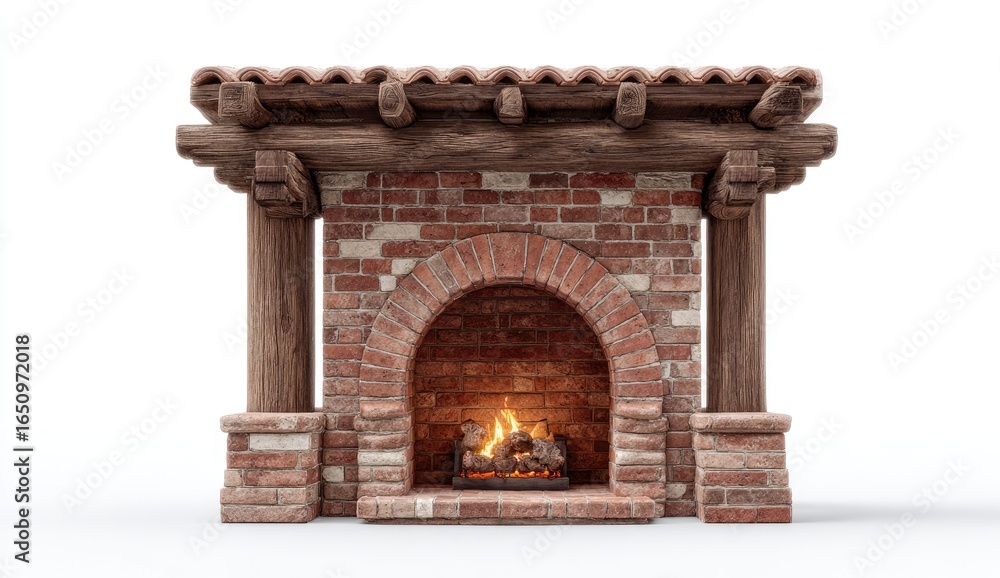 Fototapeta premium Rustic brick fireplace with wooden beams