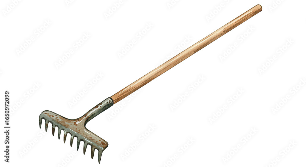 Naklejka premium Garden rake with wooden handle and metal head for landscaping 