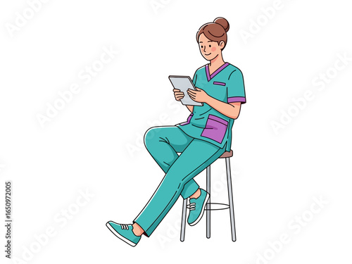 Medical Professional engaged: A compassionate medical professional, sits on a stool, focused on a digital tablet in an illustrative scene.