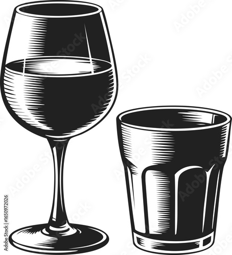 Wine glass, tumbler, drinking vessel, barware, vintage glassware illustration showcasing elegant shapes and intricate detailing