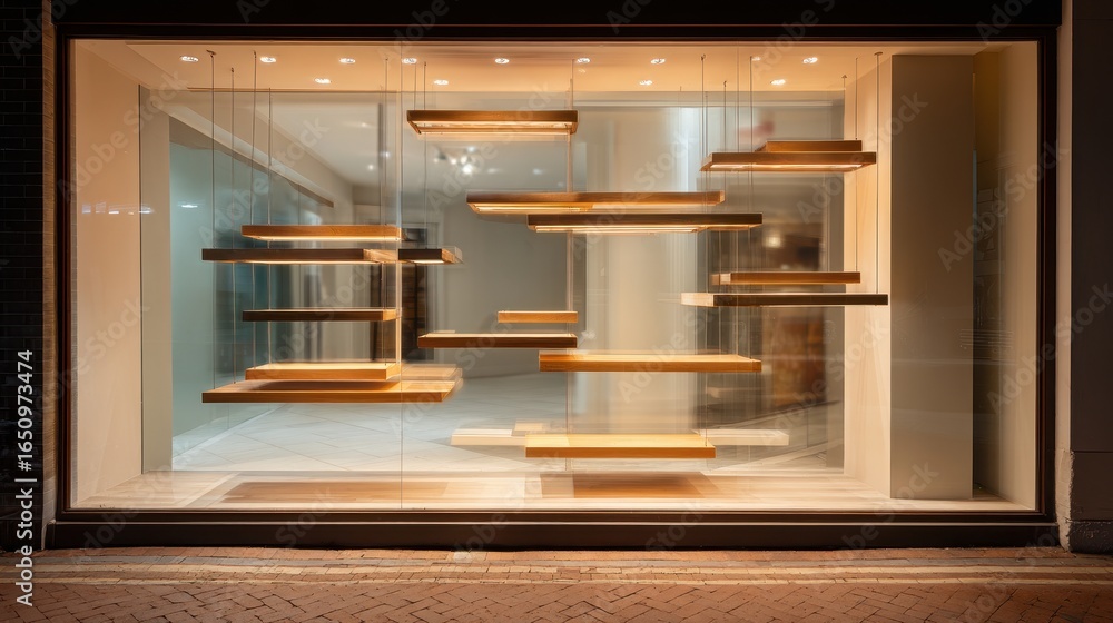 Empty store window display at night, city street background; retail mockup Empty store window display at night, city street background; retail mockup