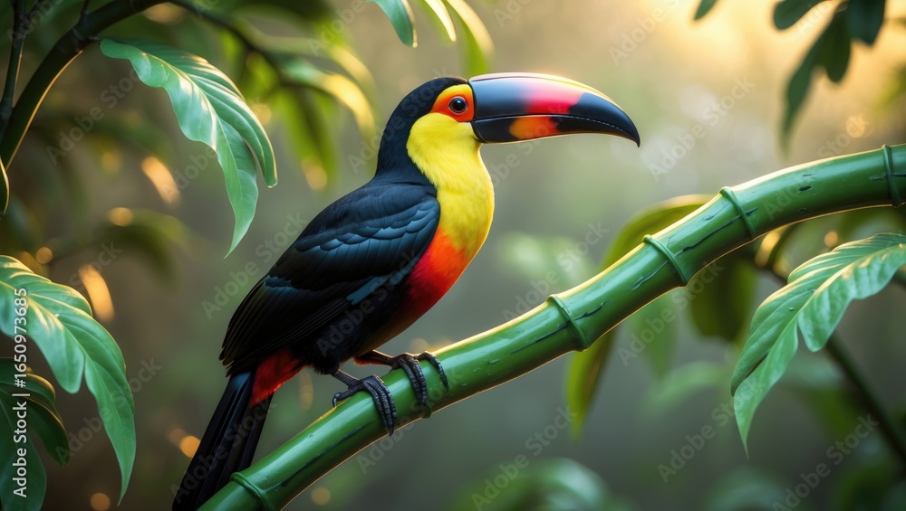 Fototapeta premium Colorful toucan perched on a green branch amidst lush leaves in a vibrant jungle setting