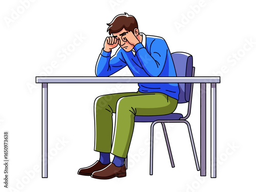 Exhaustion at Work: A man slumped at a desk, a graphic depiction of a person facing a stressful situation. A vivid rendering capturing the struggles of stress and the toll it takes.