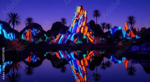 Colorful Neon-lit Mountain Landscape at Night with Reflection in Water