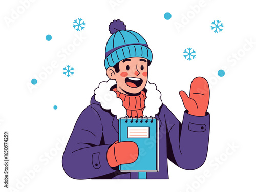 Winter Note-Taker: A cheerful individual, warmly dressed in winter attire, joyfully embraces the cold, cradling a notebook amid delicate snowflakes. A visual representation of wintry pleasure.