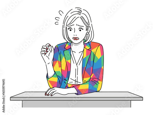 Anxious Woman: This captivating vector illustration spotlights a woman with an anxious expression, poised behind a desk in a vibrant, rainbow-colored blazer.