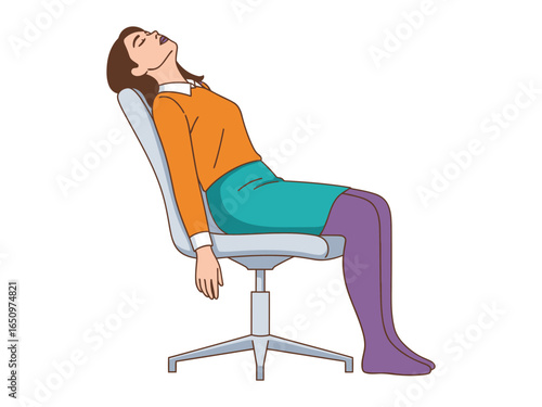 Exhaustion and Downtime: A portrait of a woman slumped in an office chair depicts a moment of weariness. It underscores the need for rest.