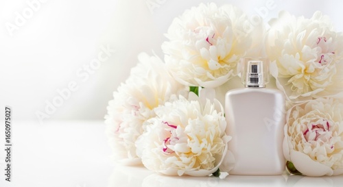 Elegant White Perfume Bottle Surrounded by Soft White Peony Flowers in Bright Natural Light