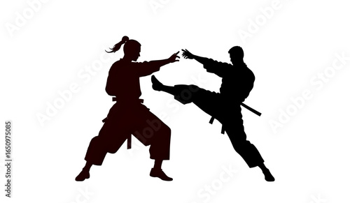 Silhouette of a group of people practicing martial arts with vibrant watercolor splashes in the background, symbolizing energy and movement