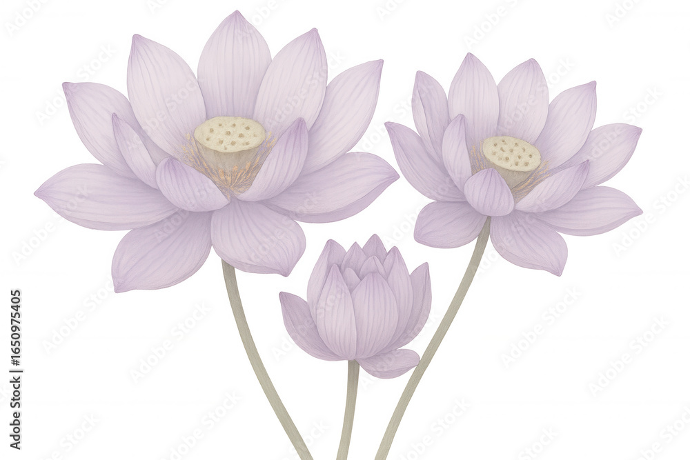 Fototapeta premium Delicate purple lotus blossoms floating softly, radiating peaceful botanical elegance against clean transparent backdrop