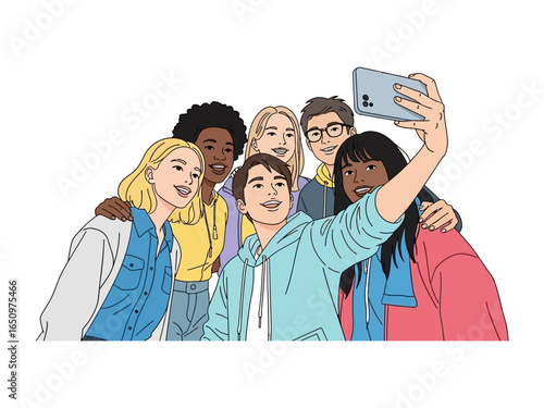 Capturing Memories Together: A cheerful group of friends, diverse in their backgrounds, huddle close to capture a memorable selfie, symbolizing connection and joy.