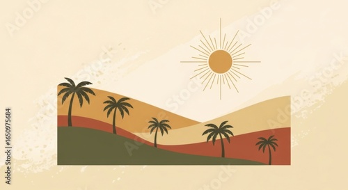 Minimalist Desert Landscape with Sun and Palm Trees in Warm Colors