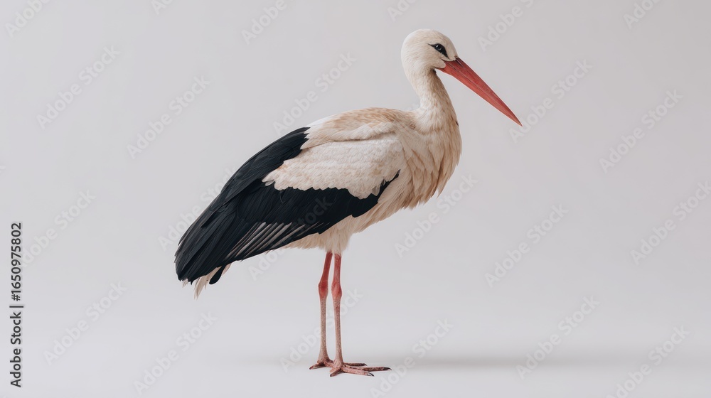 Fototapeta premium Elegant stork stands gracefully, featuring white plumage contrasted by black wing feathers