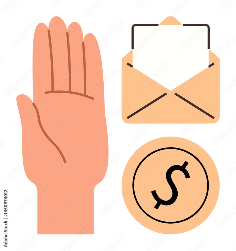 Obraz premium Open palm halt gesture, envelope with letter, and dollar coin suggesting financial, communication, and action themes. Ideal for payment hold, donations, refunds, warnings charity messages simple