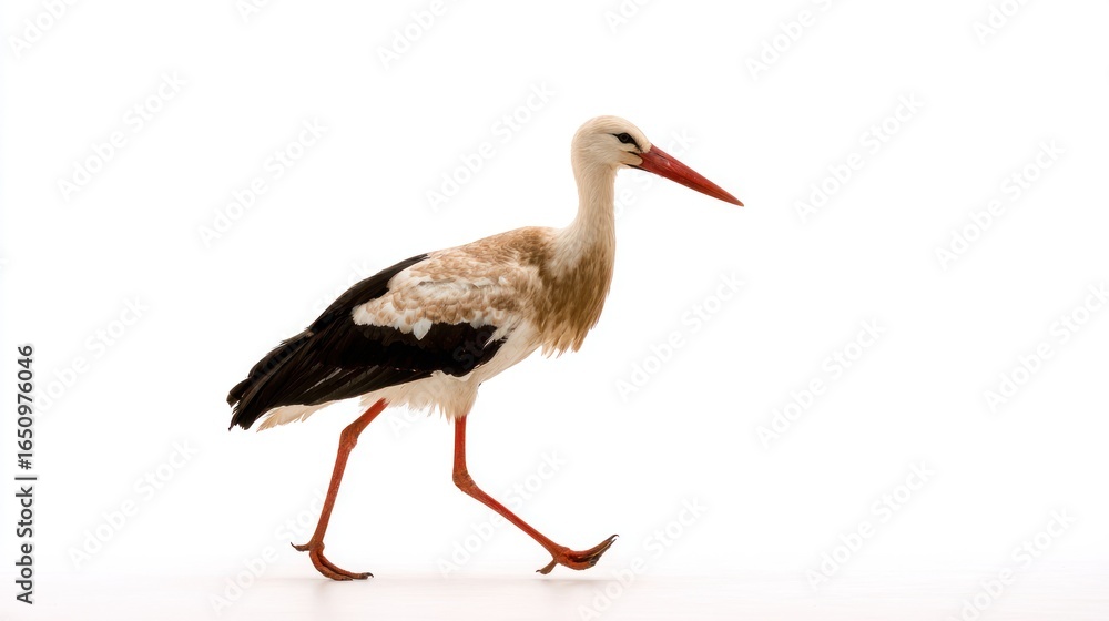 Fototapeta premium A white stork, with black wings and red beak/legs, walking right on a white surface