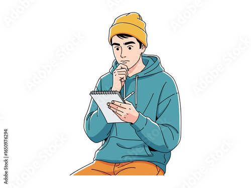 Contemplative Artist Sketching: A focused artist, clad in casual attire, contemplates a blank page in his sketchbook, poised with a pen, embodying creativity and introspective reflection.