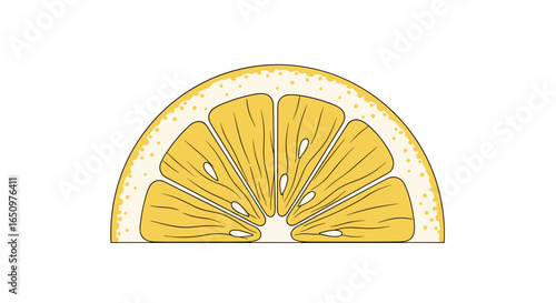A vibrant close-up illustration of a fresh yellow lemon slice revealing its juicy segments and bright rind detailed with textured pulp and skin