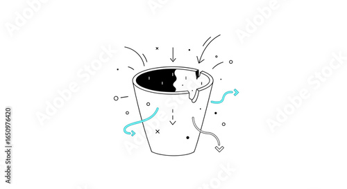 Visualizing the concept of a leaky bucket with flowing liquid and arrows
