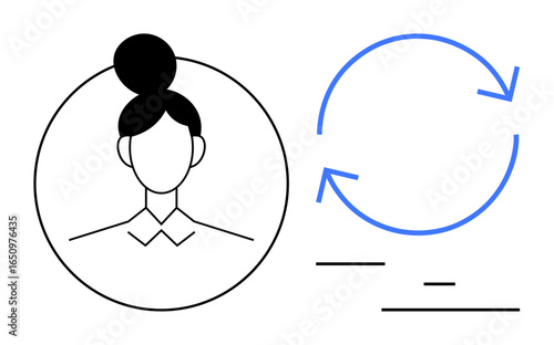 Minimalist female avatar inside a circle, blue circular arrow symbolizing process, change, or cycle, and lines. Ideal for workflow, profile, process, leadership growth innovation simple landing