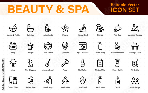 Beauty and spa outline icon set. Includes skincare, wellness, facial treatments, massage therapy, aromatherapy, cosmetics, grooming tools, and salon essentials.